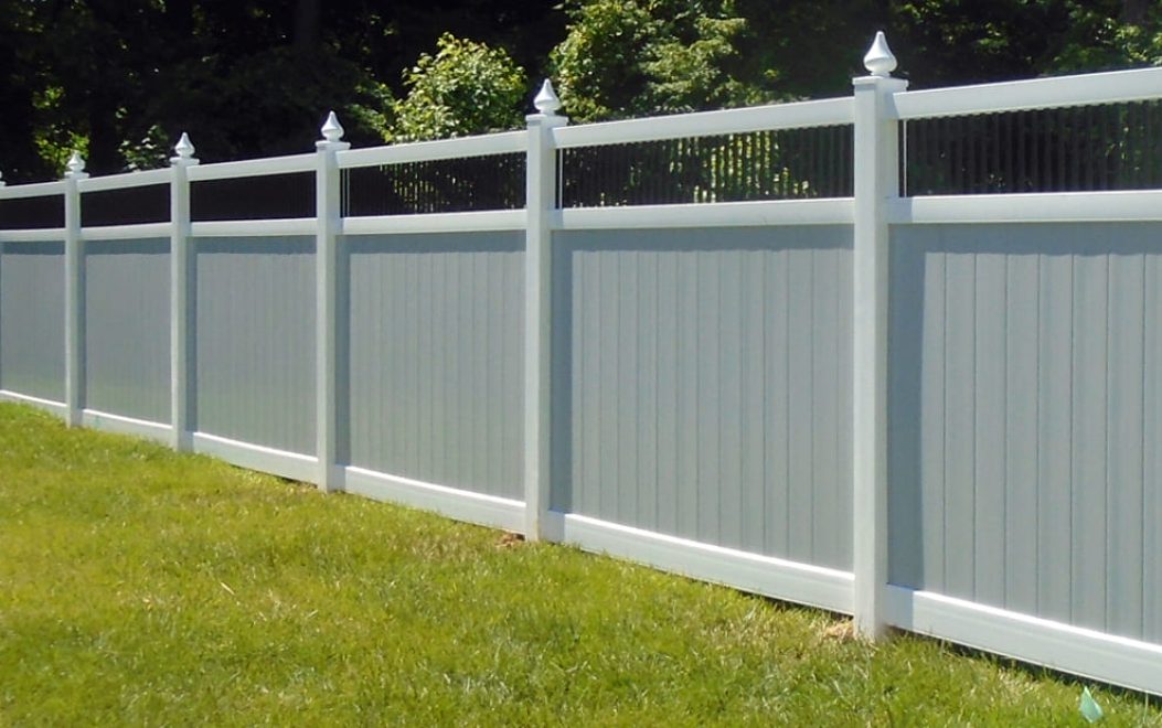 1 Privacy - 6 foot 2 tone fence white and gray with black aluminum closed spindles and teardrop post caps Vinyl