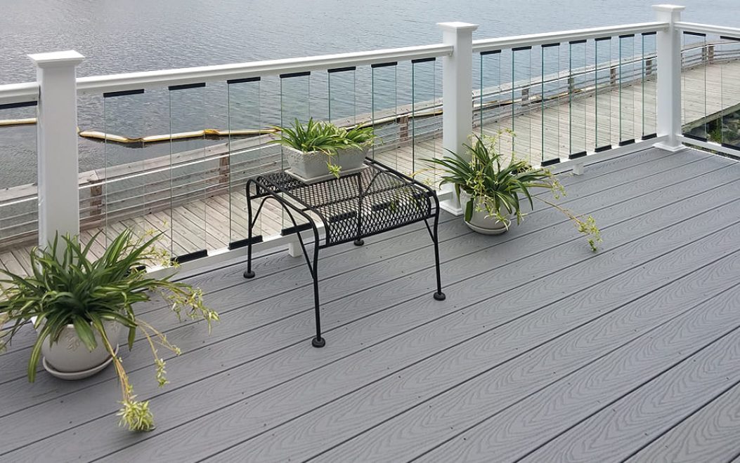 17-Trex Select Pebble Gray Composite Deck Board with White Composite Railing with Glass Pickets