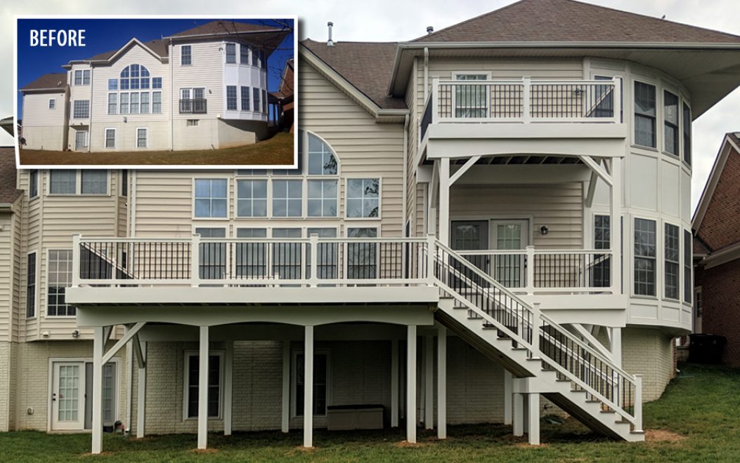 2 Level Deck with Trex Select Saddle Decking with White Washington Railing and Black Aluminum Balusters + Fascia and Support Posts and Beams are wrapped in White Vinyl in Bowie M