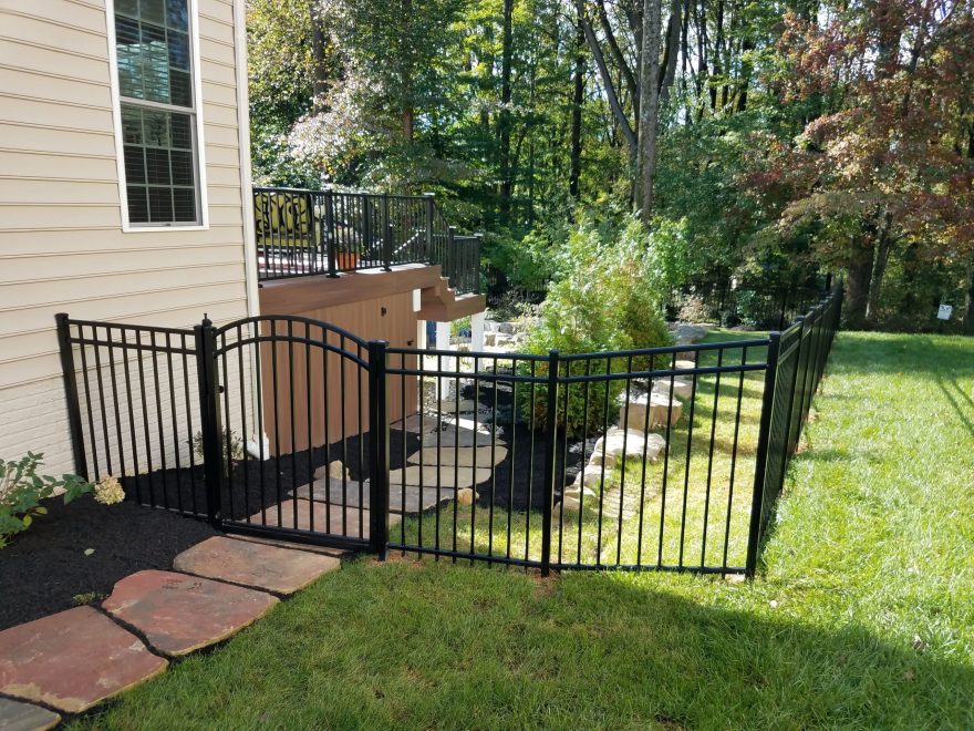 3-rail flat top Ascot style black aluminum fence with arched single gate