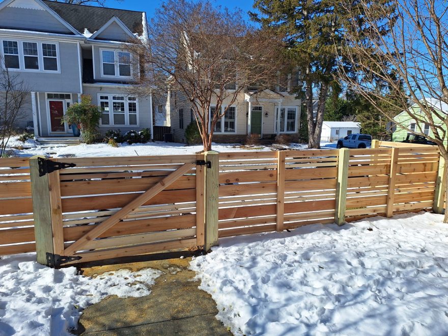 3_h Cedar Horizontal Fence wDog Eared Post Mixed 1x6 1x4 & 1x2 Pickets Runners w Spacing with matching 5 foot walk gate with standard hardware