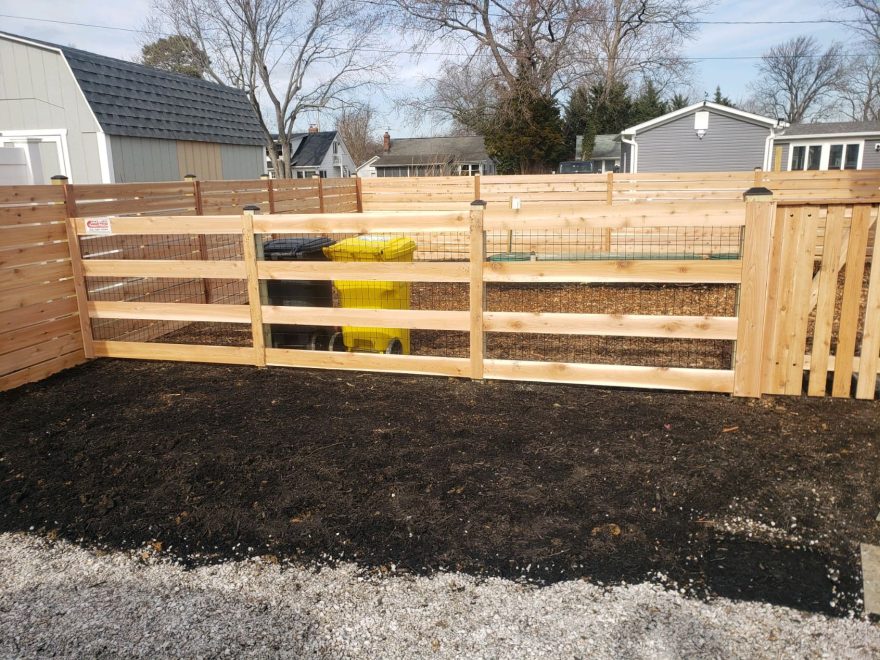 4 foot tall 4 board estate style fence with 1x6 cedar and 2x4 black vinyl coated wire and 5 foot horizontal cedar fence