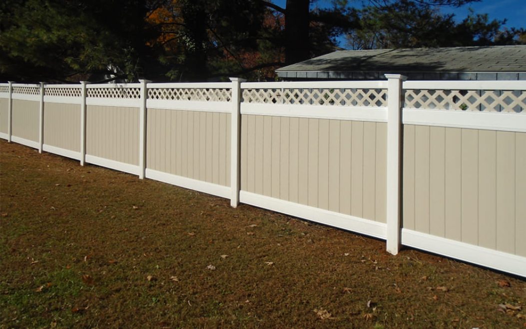 6 Privacy - 6 foot 2 TONE WHITE AND TAN WITH TAN LATTICE TOP AND NEW ENGLAND POST CAP Vinyl