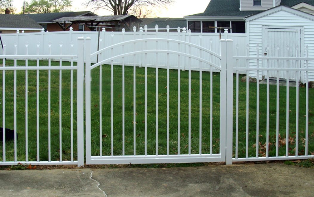 7-3-Rail Belmont Pressed Spear White Aluminum fence with single arched gate