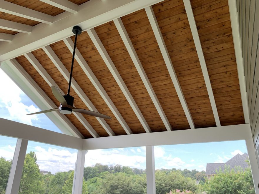 Add visual appeal and create a focal point for outdoor entertaining on your new screened porch with the look of an exposed cedar ceiling