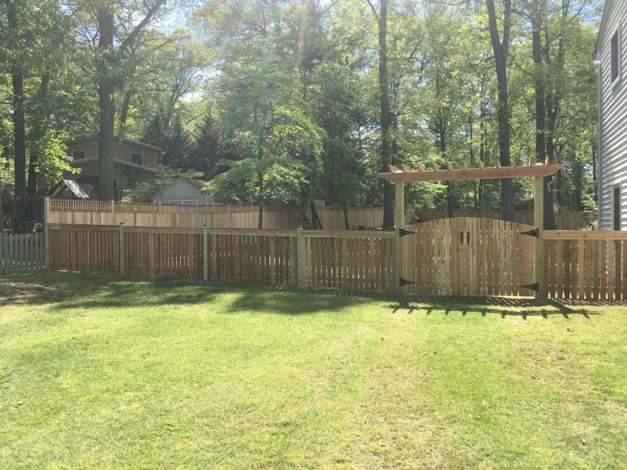 Cedar Vertical Board Fence w 6x6 Pressure-Treated Posts, Cedar Closed Spindles, Bottom 1x6 Cedar Fascia Boards, and Cedar New England Post Caps 2