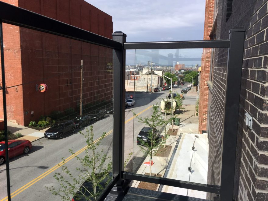 Glass panel and aluminum balcony railing at The National in Baltimore City, MD