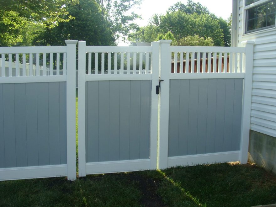 PVC white with gray picket infill and closed spindle top with double walk gate