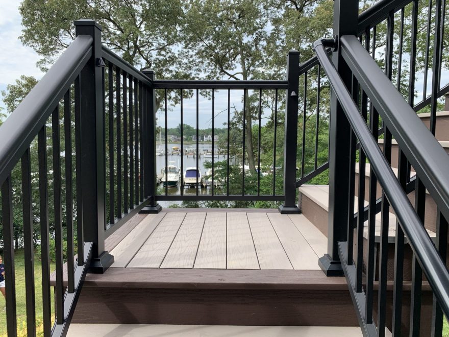 TimberTech Azek Harvest Slate Gray deck boards with Kona feature deck boards and stair risers + Black Ultralox Aluminum Railing - Copy