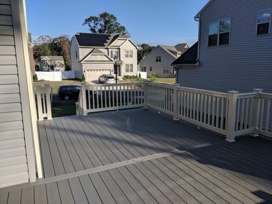 TimberTech Terrain Silver Maple Deck Boards with Tan Vinyl Washington Railing in Severn MD