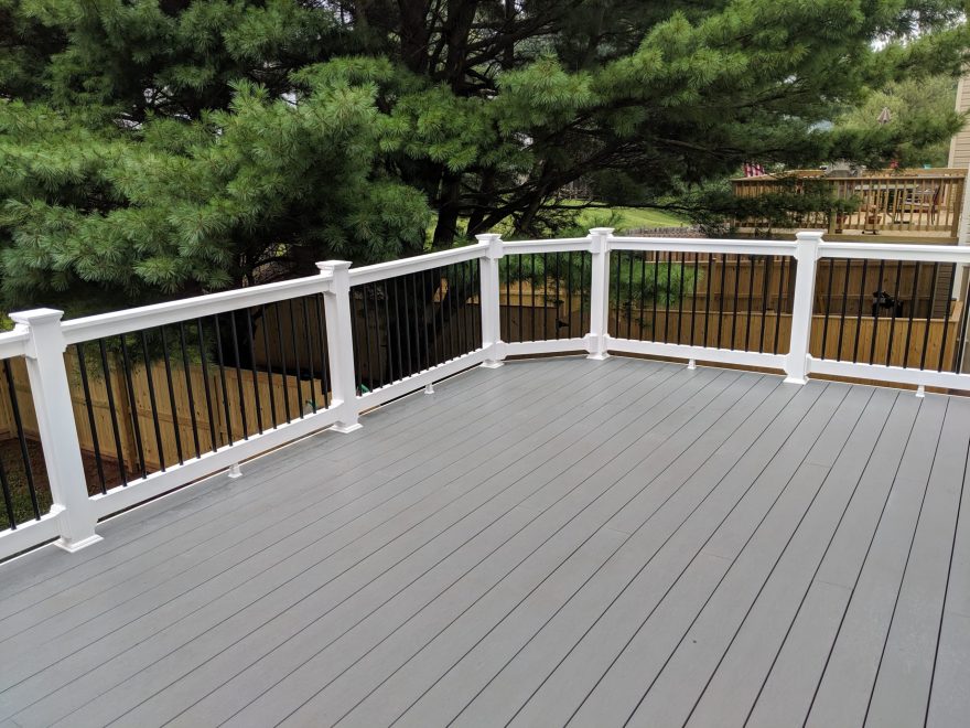 TimberTech Terrain Stone Ash Deck Boards with White Washington Vinyl Railing and Black Aluminum Balusters in Abingdon MD