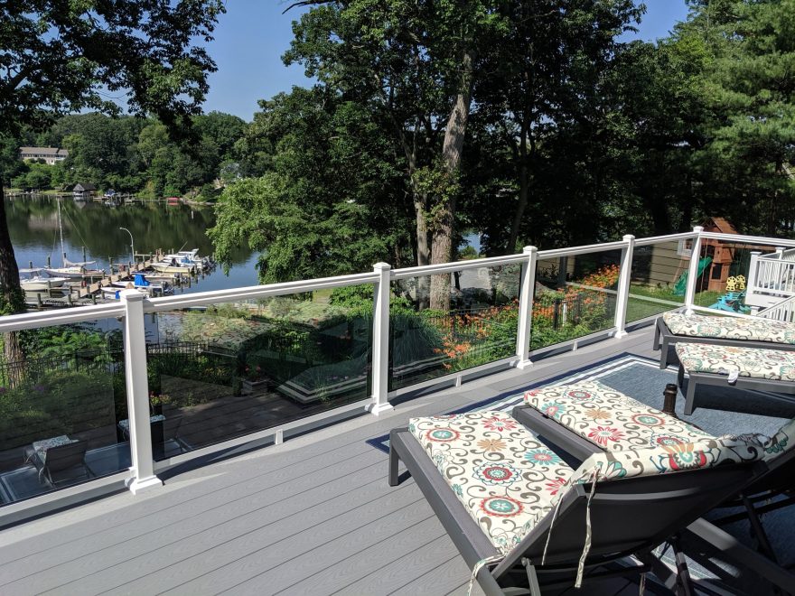 Trex Select Pebble Gray Decking with White Ultralox Aluminum Railing with Full Glass Panel Infills in Severna Park MD