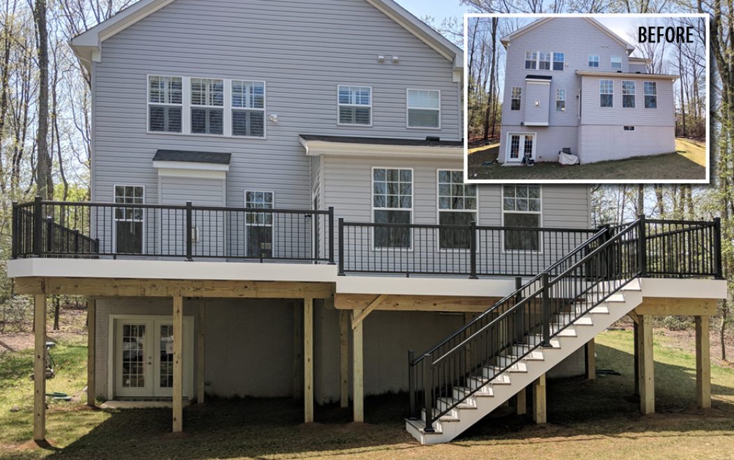 Trex Transcend Island Mist Decking with Black Ultralox Aluminum Railing and White VInyl Fascia around perimeter of deck in Arnold MD