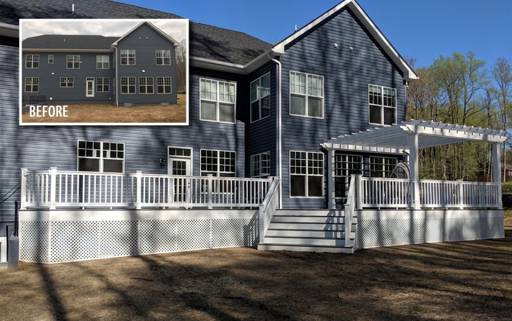 Trex Transcend Island Mist Decking with White Washington Vinyl Railing + White Vinyl Pergol + White Vinyl Fascia + White Vinyl Privacy Lattice around perimeter of deck in Crownsv