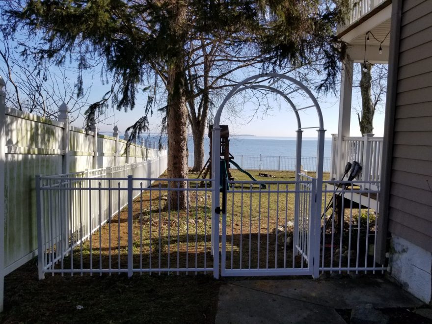 White Alumi-Guard 3 Rail Aluminum Fencing with Arbor Gate